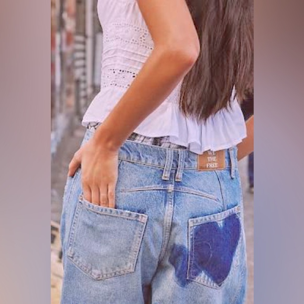 We The Free Light Blue Wide Leg Jeans with Dark Blue Patch
